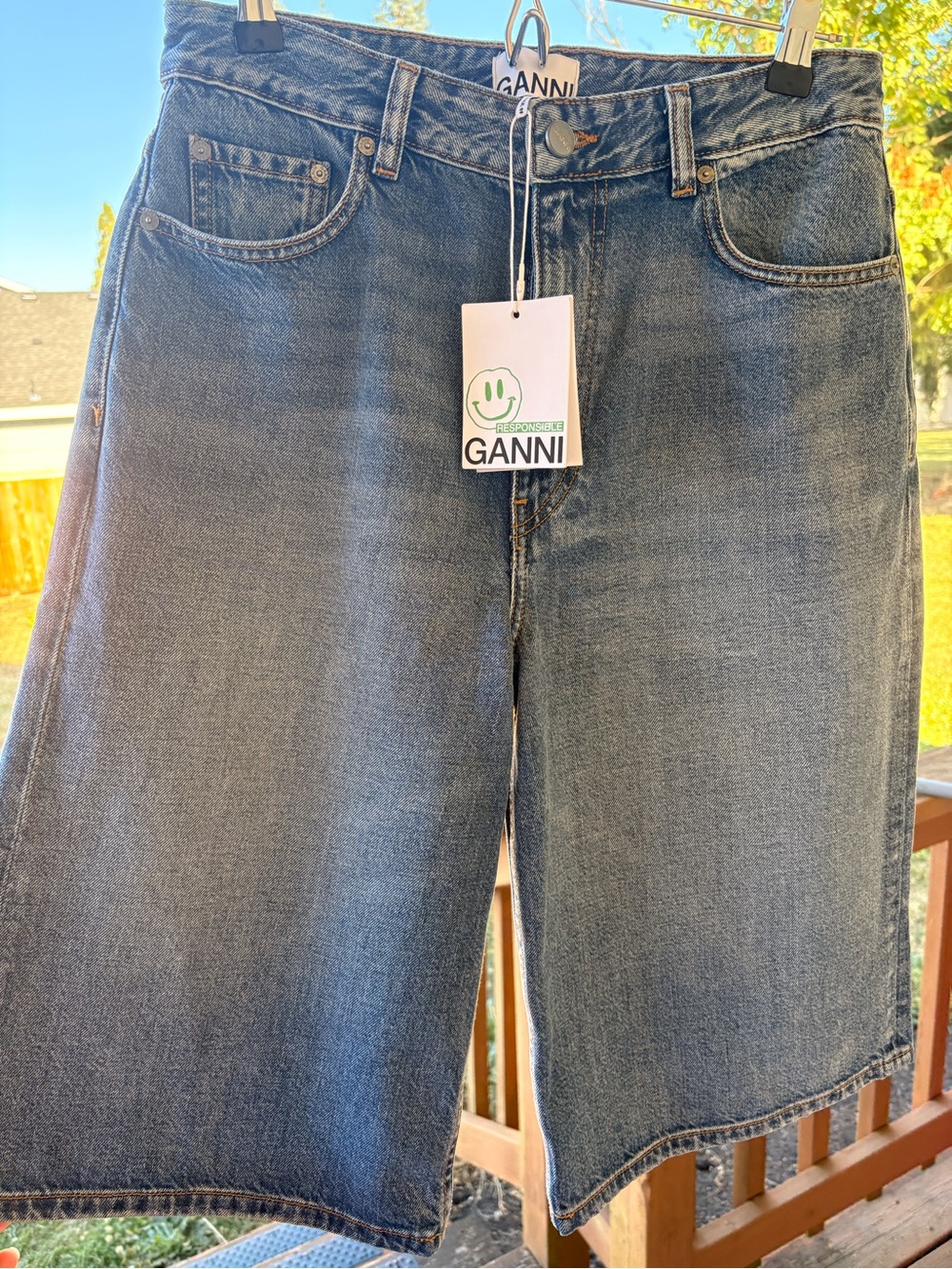 Ganni Light Blue Denim Shorts with Logo Patch